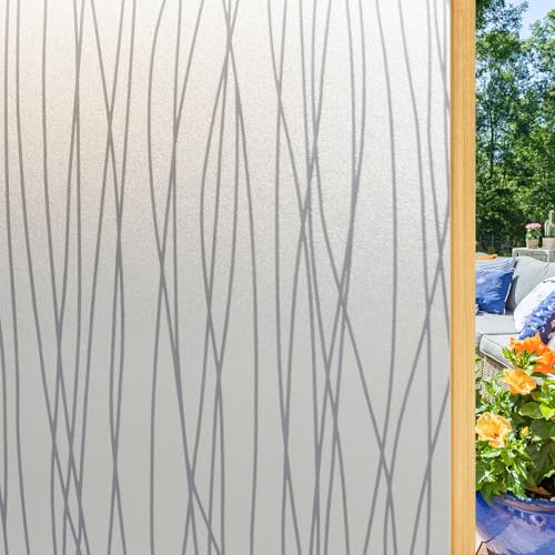 Shackcom J084 Lámina de privacidad autoadhesiva para ventanas, 60 x 200 cm, opaca de vidrio esmerilado, Lámina de privacidad, estática adhesiva, anti-UV, con patrón de líneas escandinavas, para sala