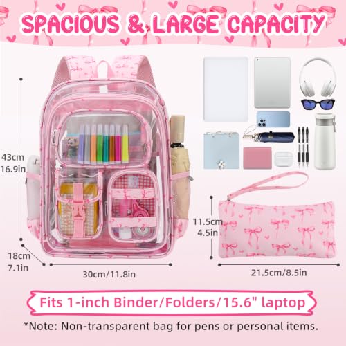 Image of Three-layer Clear Backpack, Heavy Duty Clear Bookbag for Kids, See Through Backpack Transparent Bag for Girls Boys (Pink Bow)