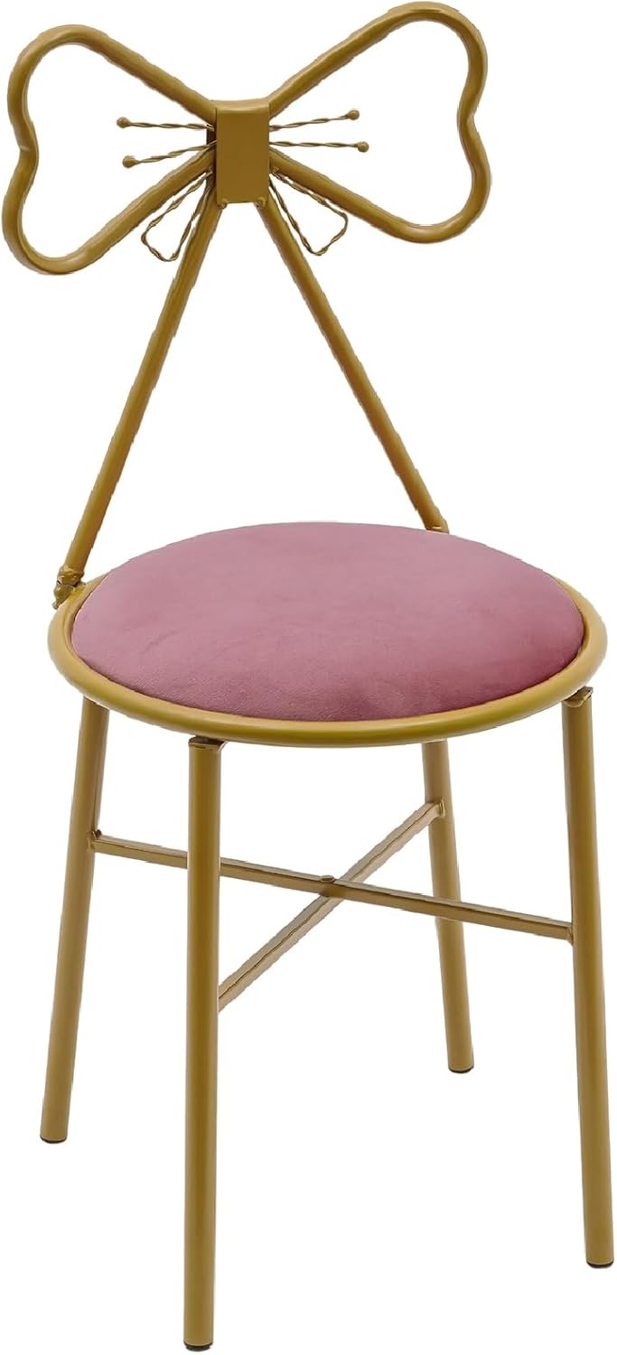 Pink Makeup Vanity Chair with Back, 31in Velvet Bow Tie Side Table Seat Dressing Chair, Flannel Lounge Dressing Seat with Metal Frame Velvet Cushion for Living Room Bedroom