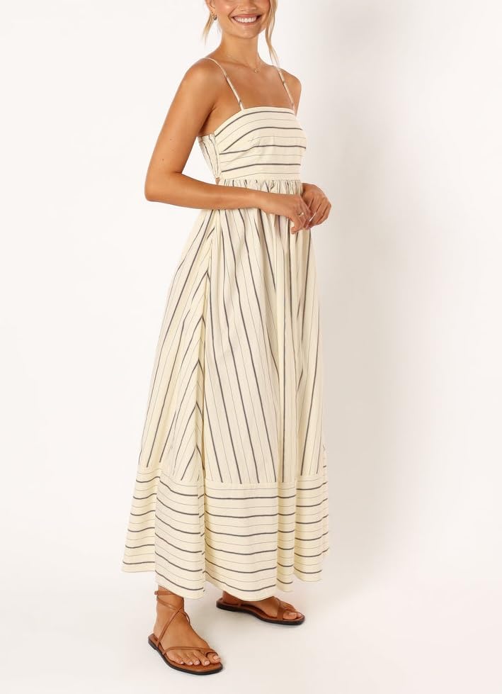 Image of Women Striped Maxi Dress Smocked Backless Spaghetti Strap Long Flowy Dress Sleeveless Boho Aline Sundress