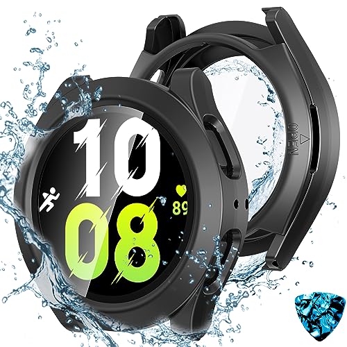 Kamita Cover Impermeabile per Samsung Galaxy Watch 4 5 44mm, 2 in 1 Custodia Rigida in PC con Pellicola in Vetro Temperato, 360° Copertura Completa Protettiva Case per Galaxy Watch4 Watch5 (Nero)