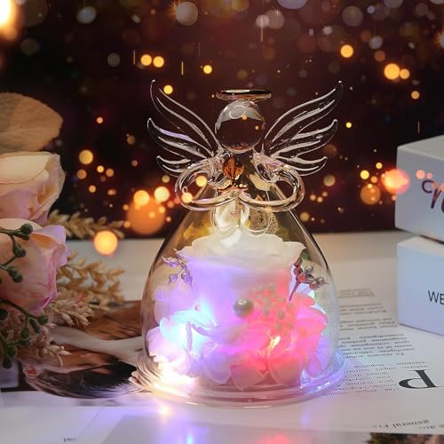 Image of Preserved Flowers For Delivery Prime,Birthday Gifts For Women Mom Grandma | Christmas Rose Gifts for Women Her Grandma,Preserved Light Up Rose In Glass Angel Figurines,Wife Mom Women Stocking Stuffers