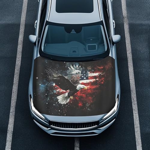 Image of Bald Eagle American Flag Design Hood Cover for Car SUV Sedan Truck, Waterproof Elastic Polyester Car Hood Protector, Automotive Exterior Decorative Accessories for Summer