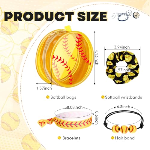 Baderke 48 Pcs Softball Gifts for Team Party Favors Soft-ball Goodie Bag Include 4" Mini Cosmetics Makeup Bag Hair Scrunchies Satin Ties Bracelet for Girl Woman Player Teams Gifts(Softball, Yellow)2