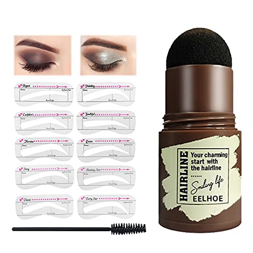 Eyebrow Stamp Stencil Kit, Long Lasting Waterproof Buildable Eyebrow Stamp Makeup, One Step Eyebrow Stamp Shaping Kit with 10 Reusable Eyebrow Stencils and 1 Eyebrow Pen Brushes(Black-brown)