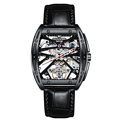 Guanqin Men Skeleton Automatic Self Winding Mechanical Wrist Watch with Leather Band (Black)