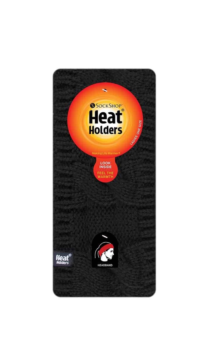 Heat Holders - Ladies Thick Cable Knitted Fleece Lined Thermal Winter Empty Skull Ear Warmer Headband (One Size, Black) - Image 2