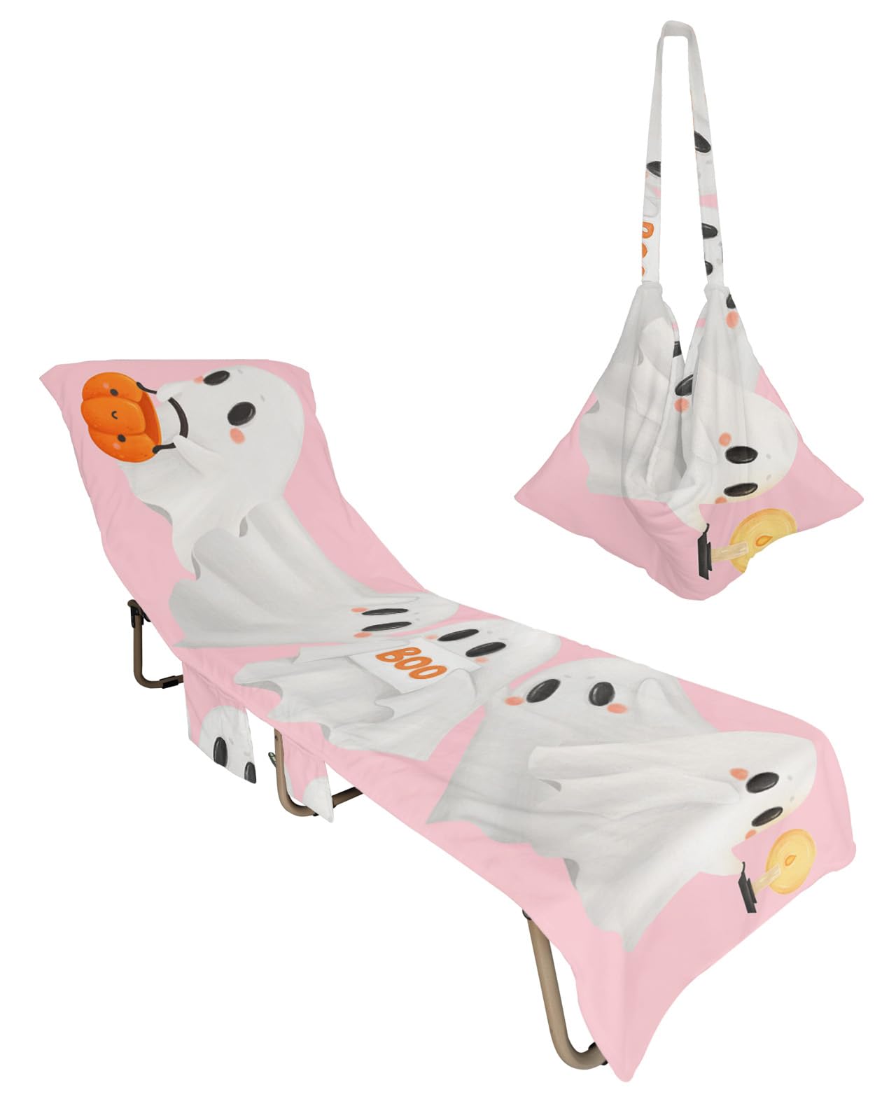 Halloween Beach Chair Towel Covers for Chaise Lounge With Side Pocket, Soft Plush Pool Towels Cover for Patio Sunbathing Outdoor 29''x85'' White Ghost Pumpkin Blush Pink