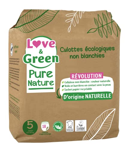 Love & Green - Culottes écologiques non blanchies Taille 5 (12 à 18 kilos) x 18 - Pour bébés - Potty training - Eco-friendly certified materials - Douces pour la planète et la peau de bébé