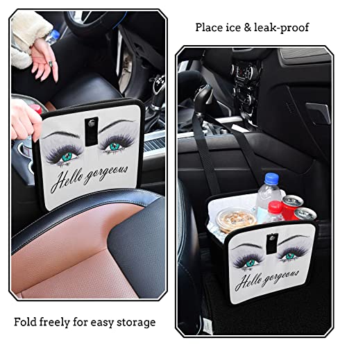 Image of Women Eyes Hello Gorgeous Eyelash Purple Makeup Car Trash Can, Foldable Hanging Car Trash Bag, Small Waterproof Car Accessories Garbage Bin