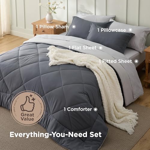 Image of Bedsure Twin Comforter Set - 5 Pieces Reversible Dark Grey Bedding, Twin Size Bed Set for All Seasons, Bed in a Bag with Down Alternative Comforter, Sheets, Pillowcase & Sham
