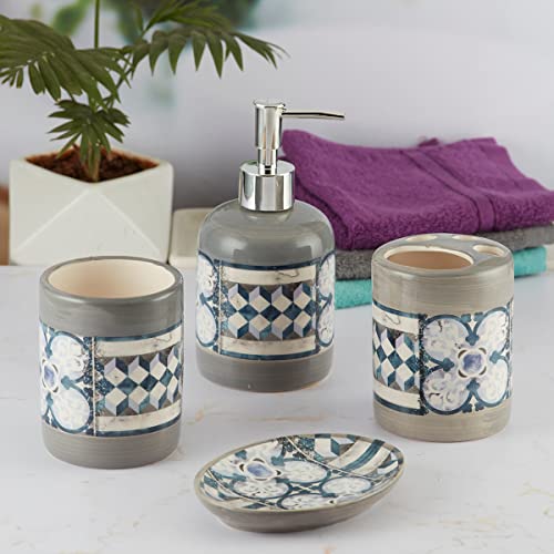 Image of Kookee Ceramic Bathroom Set - Stylish 4 Piece Bath Accessories Kit with Soap Dispenser, Toothbrush Holder, Tumbler & Soap Dish - Modern & Designer Decor for Home & Guest Bathrooms, Grey /Blue (9734)