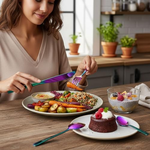 Image of 20 Pcs Rainbow Mirror Polish Stainless Steel Cutlery Set for Dining Table with Spoons and Forks Set + Butterknives - The Perfect Tableware /Flatware