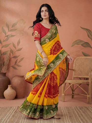 Image of SIRIL Women's Bandhani Printed Embroidery Georgette Saree with Unstitched Blouse Piece