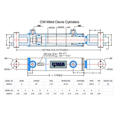 Image of CW Weld Clevis Cylinder 2 inch Bore x 20 inch Stroke x 1 1 /4 inch Rod x SAE 6 Port x 3000 PSI