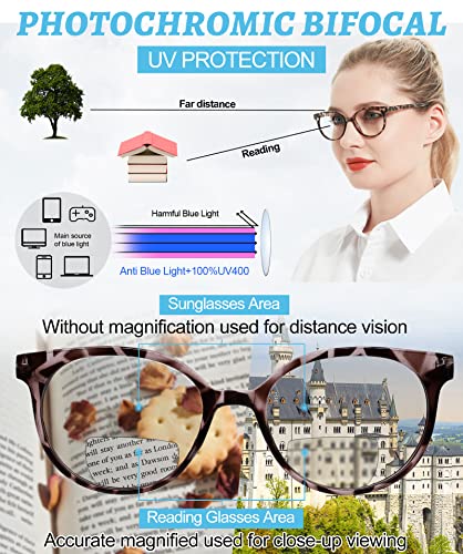 Image of OCCI CHIARI Photochromic Bifocal Reading Glasses Womens Round Blue Light Blocking Readers 1.0 1.5 2.0 2.5 3.0 3.5 4.0 (Tortoise +100)