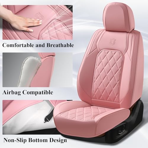 Image of Coverado Car Seat Covers Full Set, Pink Leather Seat Covers for Cars, Universal Waterproof Car Seat Cover, Luxury Front and Back Car Seat Protector, Automotive Seat Covers Fit for Most Cars, Pink