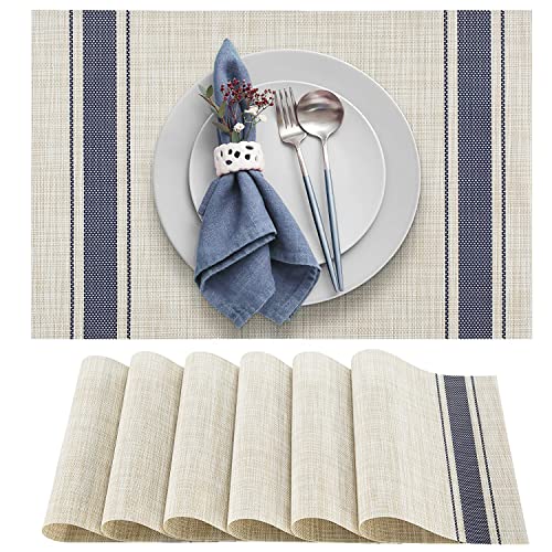 DACHUI Placemats Set of 6, Soft & Elegant Woven Vinyl Place Mats, Water Resistant, Heat Resistant, Washable, Durable Table Mats (Blue Stripes)