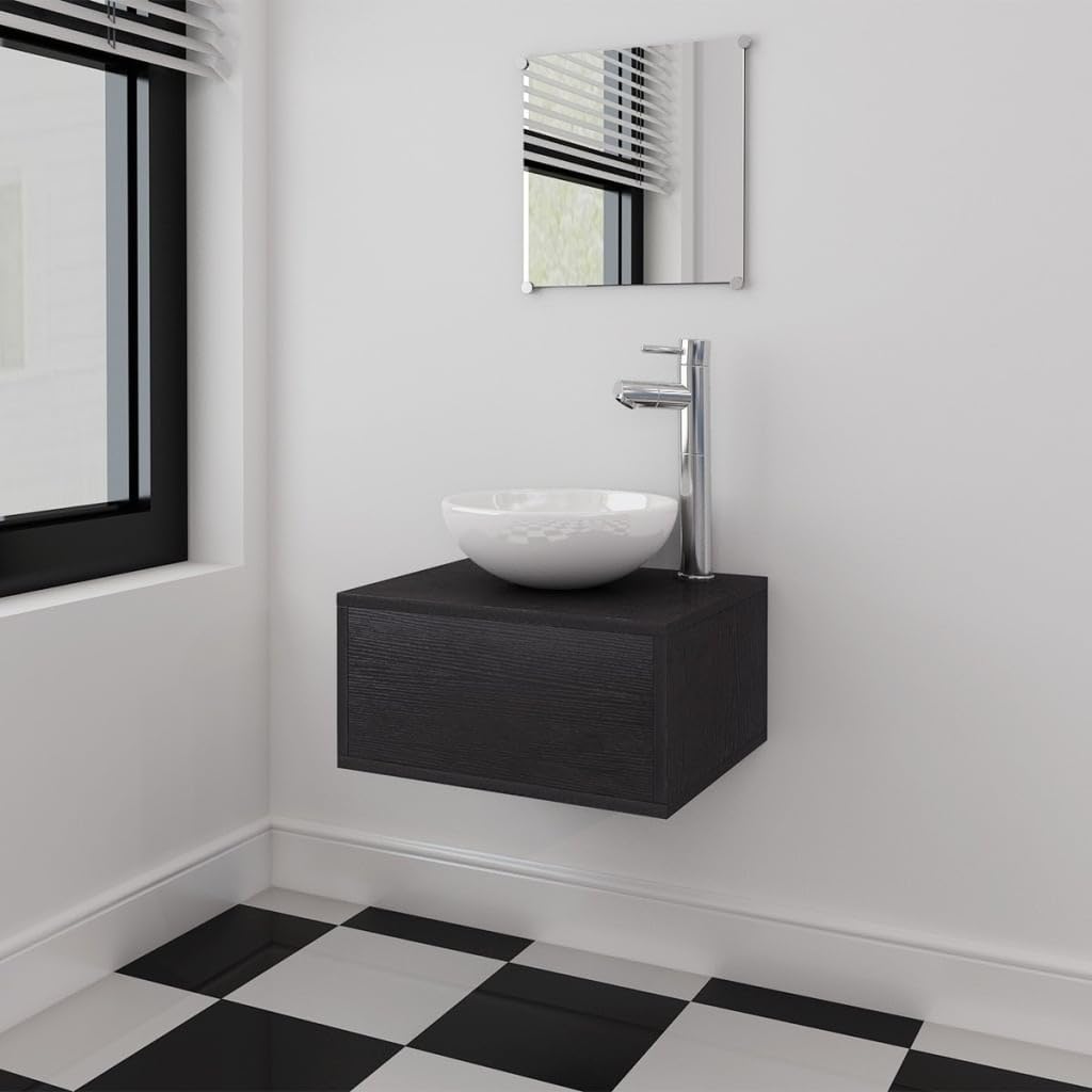 3-TLG. Badmöbel-Set, Waschbecken mit Unterschrank & Spiegel, Gäste-WC Möbel Set, Wand-Waschtisch aus Holzwerkstoff, Aufsatzwaschbecken Keramik 280mm, Schwarz