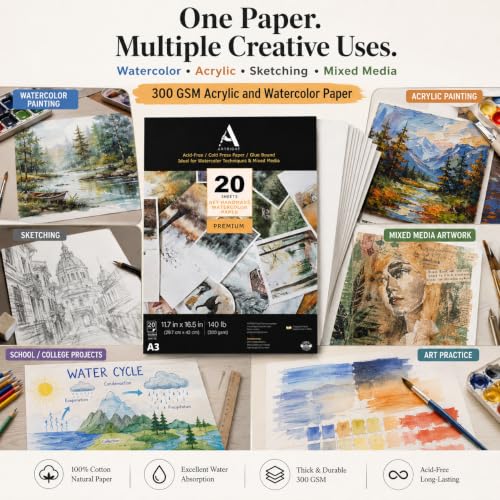 Image of ArtRight Artists' Acrylic Paper (A3 Pack of 20 Sheets, 300 GSM); 300 GSM Handmade Sheets for Gouache & Acrylic Media