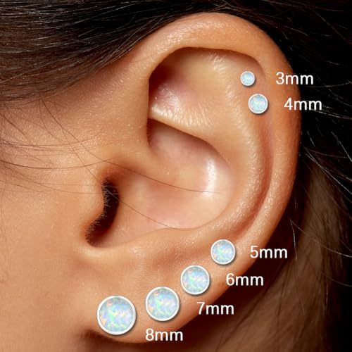 White Gold Plated Sterling Silver Opal Stud Earrings 3mm-8mm Options, Simulated Opal Dot Studs Hypoallergenic Jewelry3