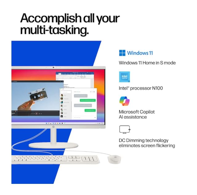 Image of HP 21.5 inch FHD All-in-One Desktop Computer, Intel Quad-Core Processor, 8GB DDR5 RAM 640GB Storage (128GB UFS+512GB Docking Set), Windows 11, Wired Keyboard and Mouse, NLY Earphones, Cashmere White