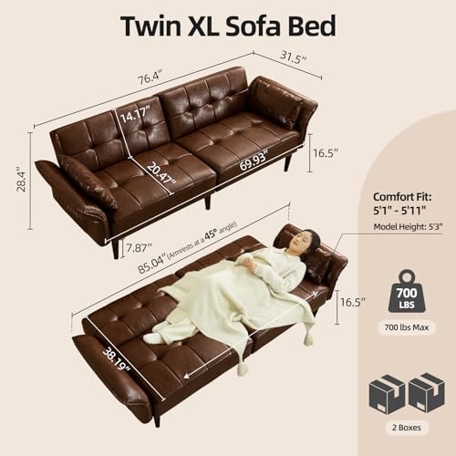 Image of HALLYBEE Futon Sofa Bed, Sleeper Sofa, Small Couch with Storage Adjustable Armrests Pillows, Faux Leather Loveseat, Mid Century Modern Couches for Living Room, Bedroom, Apartment, Red Brown