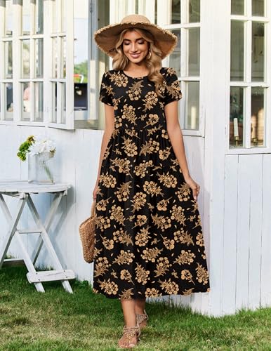 Image of Zeagoo Summer Dresses for Women 2026 Maxi Bohemian Floral Short Sleeve Long Dress Casual Flowy Tired Beach Sundress
