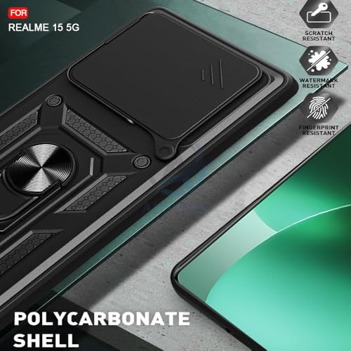 Image of AESTMO Tough Armor Realme 15 5G Bumper Back Case Cover | Ring Holder & Sliding Camera Shield Cover | 360 Degree Protection Back Case Cover for Realme 15 5G (Black)