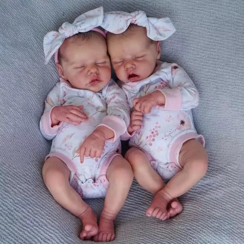 Vivetha 18 Inch Reborn Baby Dolls Twins Full Body Vinyl Lifelike Newborn Doll Set Sleeping Realistic Washable Girl Toys with Painted Hair Festival & Birthday Gift for Kids Age 3+