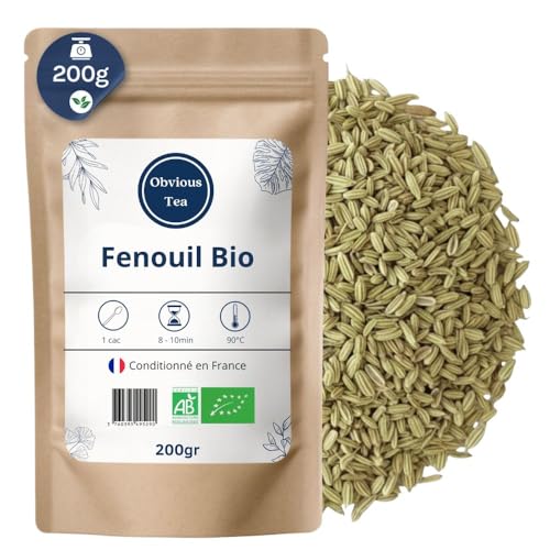 Fenouil Bio Entier en Vrac - Infusion Tisane Bio Allaitement et Digestion - Foeniculum Vulgare Mill - Agriculture Biologique - Odeur Caractéristique Anisée - Sachet 200 gr (100 Tasses)