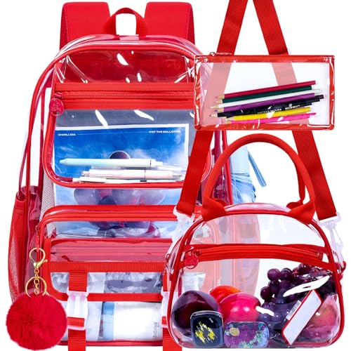UFNDC 3PCS Clear Backpack Heavy Duty See Through School Bag for Women Red Transparent Bookbag
