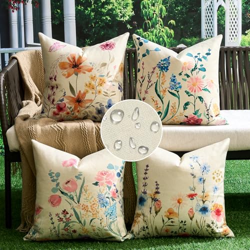 Federe Cuscini Divano 40 x 40 Esterno Impermeabile Lino Copricuscini Decorativi Farfalle Fiori da Giardino Colorati Fodere Quadrate per Cuscino per Giardino Camera da Letto Soggiorno Set di 4