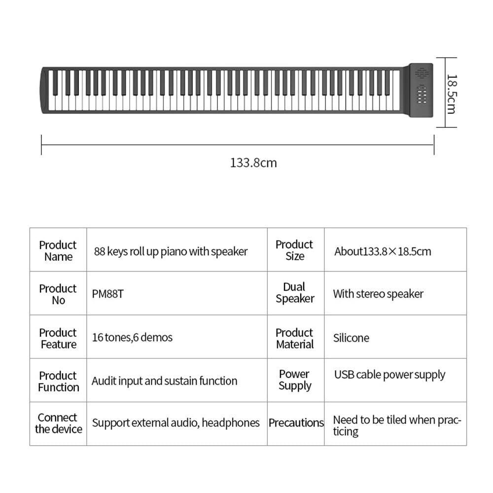 Btuty Clavier Électronique Portable à 88 Touches - Piano Pliable en Silicone Avec Haut-Parleur - Pour Usage Professionnel et Domestique