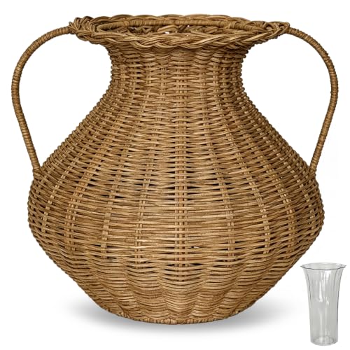 Handwoven Natural Rattan Flower Vase Wicker Basket with Acrylic Liner Double-Handle Nordic Style Vessel for Fresh & Dried Flowers Rustic Farmhouse Decorative Pot for Boho Home Tabletop