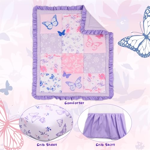 Image of Cloele Crib Bedding Set for Girls, 3 Pieces Floral Butterfly Baby Bedding Set -Includes Comforter Fitted Sheet Crib Skirt,Standard Size Nursery Baby Crib Set for Girls,Purple