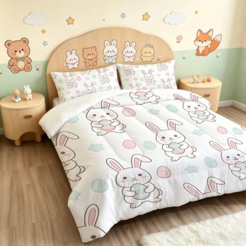 Image of Cute Easter Bunny Comforter Set Twin Size White Rabbit Bedding Set | Cute Cartoon Rabbit Holding Eggs Bedding Set for Kids Boys Girls, Soft Microfiber Bed Set with Pillowcase for Room Decor