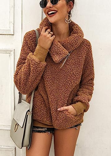 KIRUNDO Sherpa Pullover Womens Fleece Zip Sweatshirt Fall(Khaki, M) - image 2