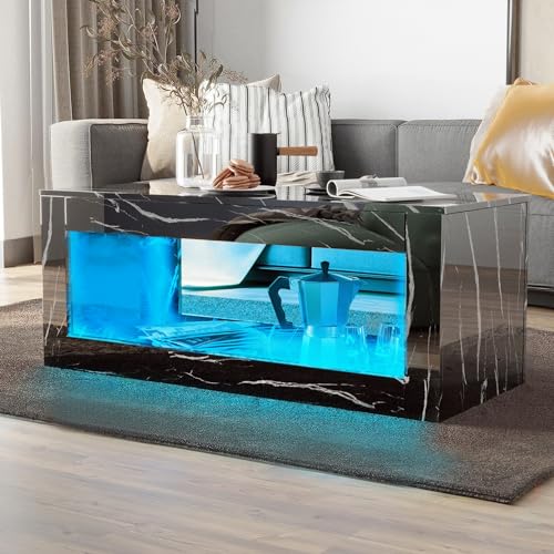 HOMFAMILIA LED Coffee Table with Open Storage, Modern High Gloss Coffee Table with 16 Colors LED Lights, Living Room Rectangle Center End Table with Marbling Print, Black