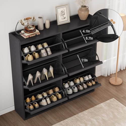GarveeHome Shoe Cabinet with 6 Flip Drawers, Wooden Shoe Organizer Cabinet with Adjustable Shelf, Shoe Storage for Entryway, Hidden Shoe Cabinet for Hallway, Living Room, Black