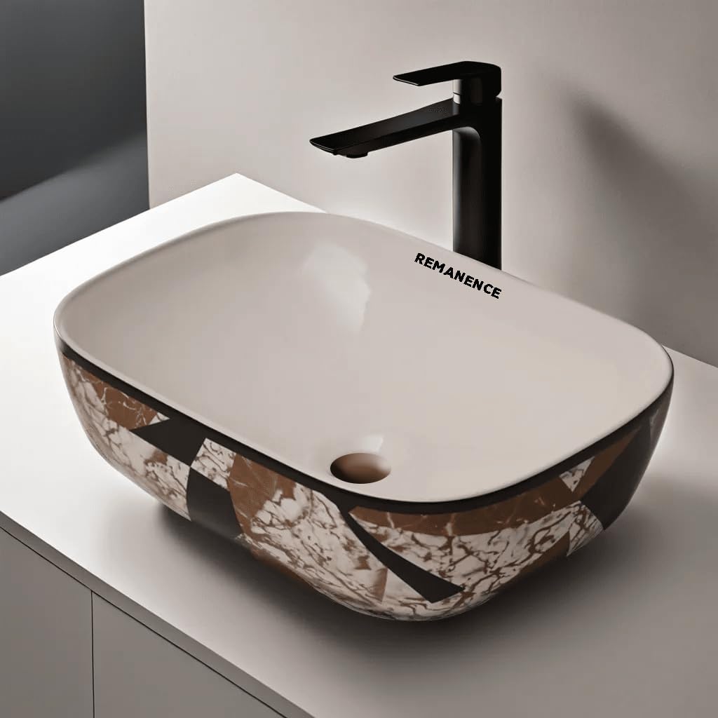 Premium Designer Table Top Ceramic Wash Basin For Bathroom | Over Counter Bathroom Basin | Counter Top Bathroom Sink (18 x 13 x 5.5 Inch) (AD 30 Brown Black N White)