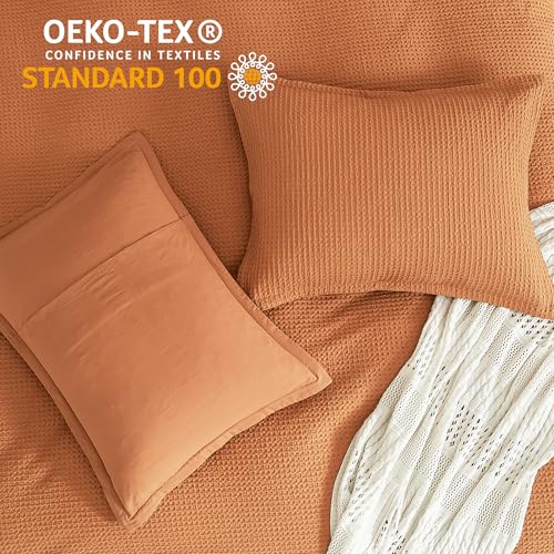 SE SOFTEXLY Waffle Duvet Cover King, 100% Cotton Waffle Weave Bedding Duvet Cover Set, Soft and Breathable Comforter Cover for All Season, 3 Pieces Including Pillow Shams(Terra Cotta, 104”x90”)