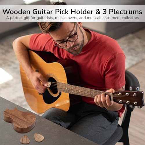 Wooden Guitar Pick Case With 3 Wooden Plectrums, Black Walnut, Cutaway Guitar Shape, Great Gift For Music Lovers