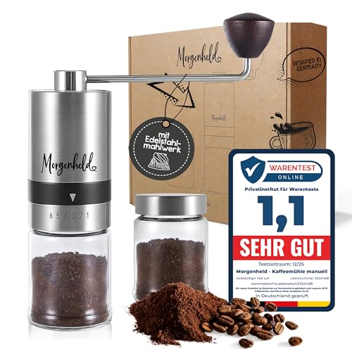 Morgenheld Kaffeemühle manuell aus Edelstahl 2 Glas Behälter – 6 Mahlgrade (Espresso bis Cold Brew) – Handkaffeemühle für Reisen - Kaffee Handmühle für zu Hause – Kaffeemühle Hand mit Geschenkbox