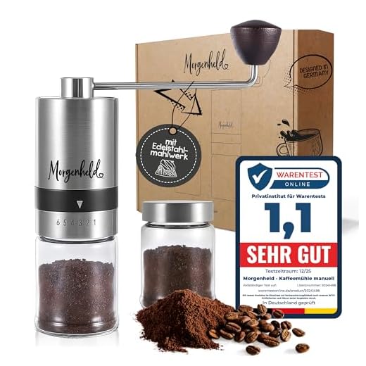 Morgenheld Kaffeemühle manuell aus Edelstahl 2 Glas Behälter – 6 Mahlgrade (Espresso bis Cold Brew) – Handkaffeemühle für Reisen - Kaffee Handmühle für zu Hause – Kaffeemühle Hand mit Geschenkbox