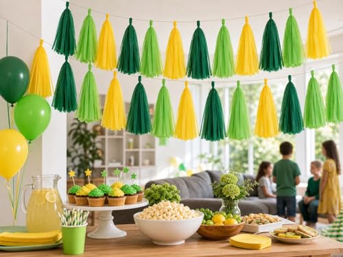 Image of Green Yellow and Green Light Tassel Garland Banner Paper Tassels for Party Decorations,Pack of 15