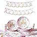 Amycute Vaisselle Licorne Decoration, Assiette Carton Gobelet Serviettes Papier Nappe Bannière Joyeux Anniversaire pour Cadeau Parfait Anniversaire Fête Filles Enfants Deco Accessoires (16 Invités)