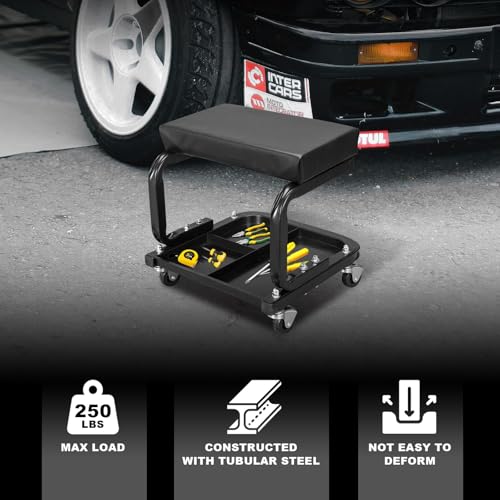 Image of Big RED 250lb Black Rolling Automotive Creeper Garage /Shop Seat: Padded Mechanic Stool with Tool Large Tray Suitable for garages, Repair Shops,6300-black
