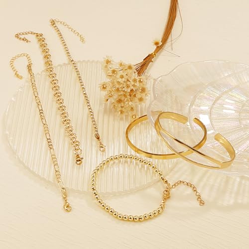 BROCC 6PCS Gold Bracelets for women 14K Gold Bangle Stack Adjustable Trendy Cuff Bracelets Gold Filled Stacks Bangles Link Chain Bracelets Collection Jewelry sets3