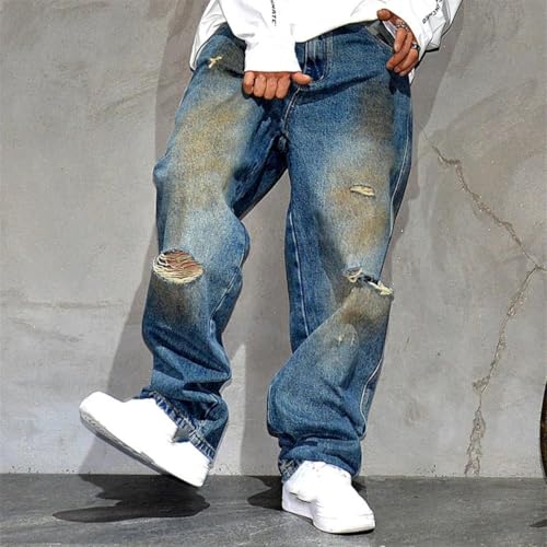 Men’S Vintage Hip Hop Ripped Baggy Straight Denim Pants Button Fly Distressed Streetwear Skateboard Full Length Jeans2